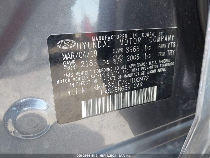 2019 Hyundai Elantra Gt VIN: KMHH35LE7KU103972 Lot: 39661512