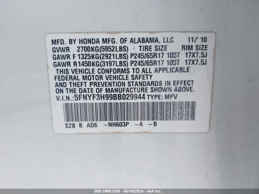 2011 Honda Pilot Touring VIN: 5FNYF3H99BB029944 Lot: 39661526