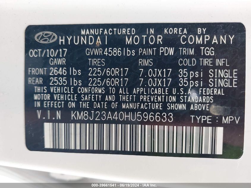 2017 Hyundai Tucson Se VIN: KM8J23A40HU596633 Lot: 39661541