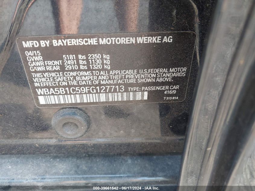 2015 BMW 535I VIN: WBA5B1C59FG127713 Lot: 39661542