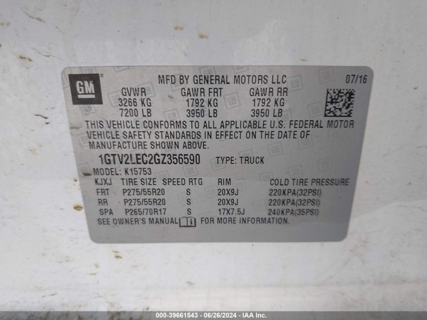 2016 GMC Sierra 1500 K1500 VIN: 1GTV2LEC2GZ356590 Lot: 39661543