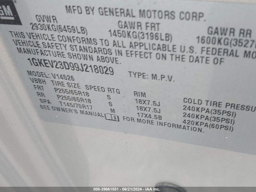 2009 GMC Acadia Slt-1 VIN: 1GKEV23D99J218029 Lot: 39661551