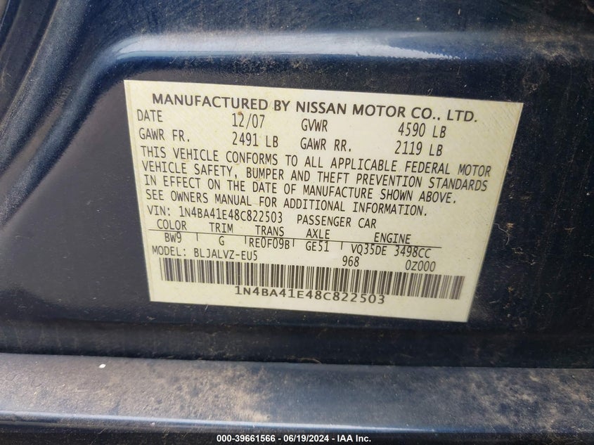 2008 Nissan Maxima 3.5 Se VIN: 1N4BA41E48C822503 Lot: 39661566