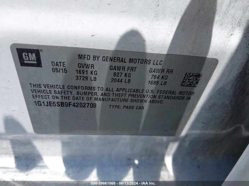 2015 Chevrolet Sonic Ltz Auto VIN: 1G1JE6SB9F4202708 Lot: 39661568