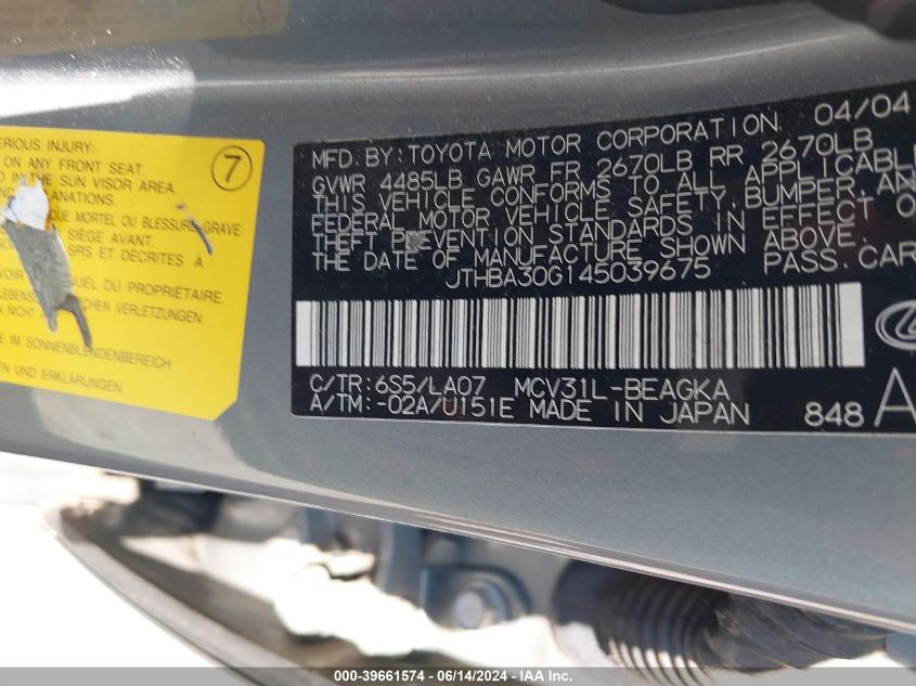 2004 Lexus Es 330 VIN: JTHBA30G145039675 Lot: 39661574