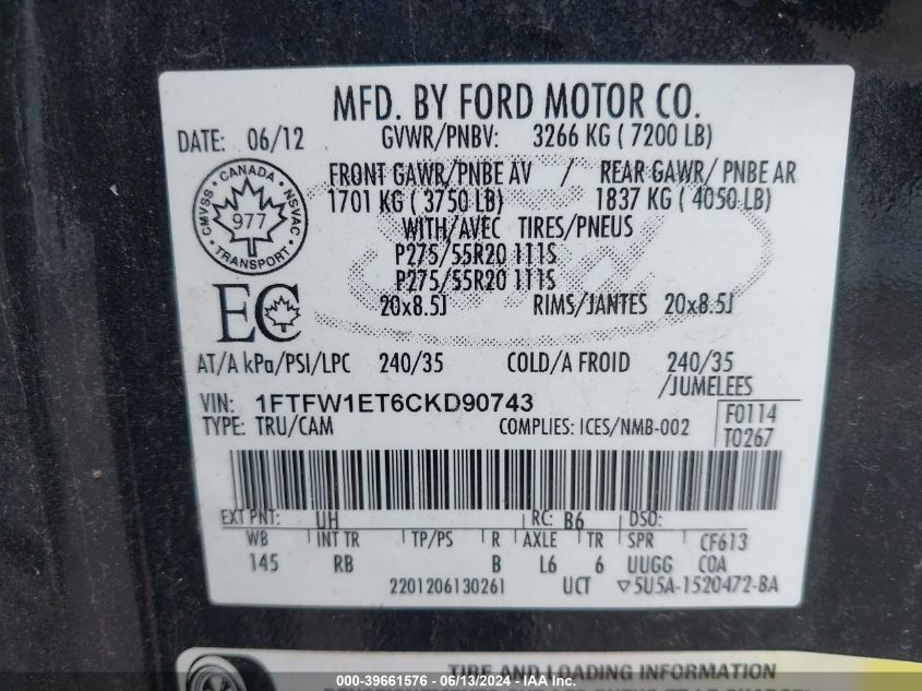 2012 Ford F-150 Fx4 VIN: 1FTFW1ET6CKD90743 Lot: 39661576