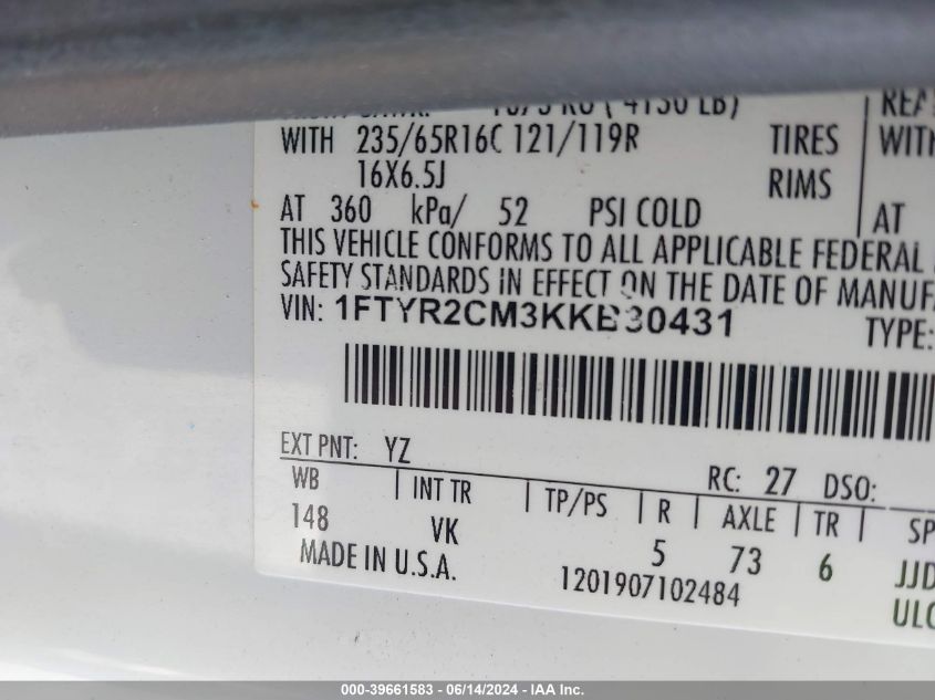 1FTYR2CM3KKB30431 2019 Ford Transit-250