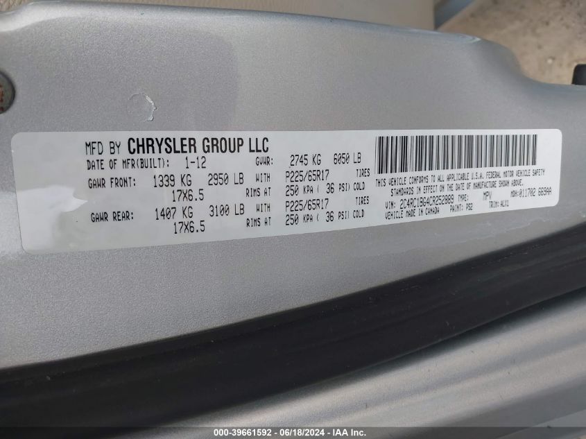 2012 Chrysler Town & Country Touring VIN: 2C4RC1BG4CR252889 Lot: 39661592