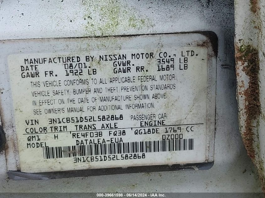 2002 Nissan Sentra Gxe VIN: 3N1CB51D52L582868 Lot: 39661598