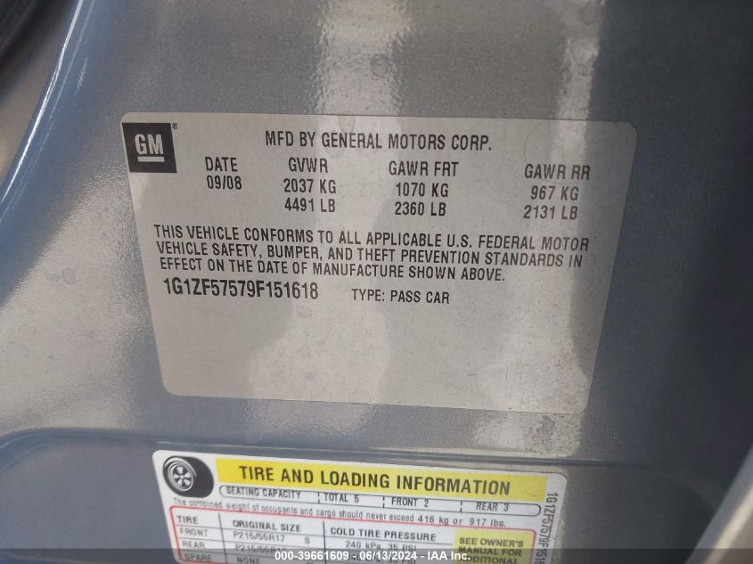 2009 Chevrolet Malibu Hybrid VIN: 1G1ZF57579F151618 Lot: 39661609