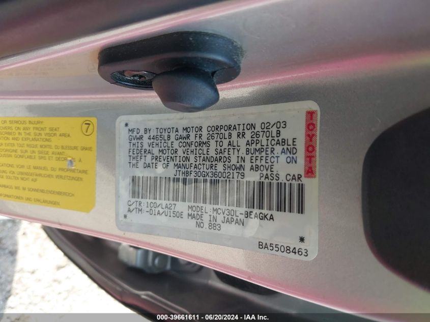 2003 Lexus Es 300 VIN: JTHBF30GX36002179 Lot: 39661611