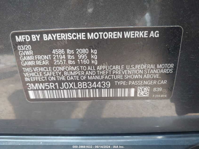 2020 BMW 330I VIN: 3MW5R1J0XL8B34439 Lot: 39661632