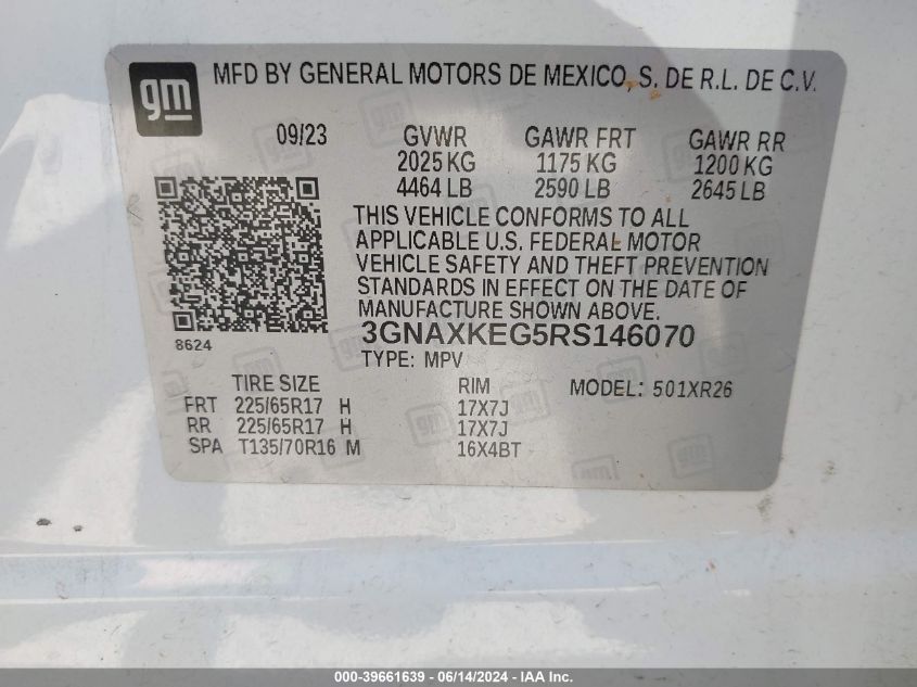 2024 Chevrolet Equinox Fwd Lt VIN: 3GNAXKEG5RS146070 Lot: 39661639