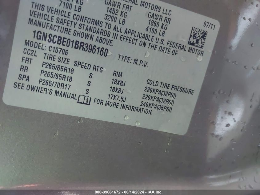 2011 Chevrolet Tahoe Lt VIN: 1GNSCBE01BR396160 Lot: 39661672