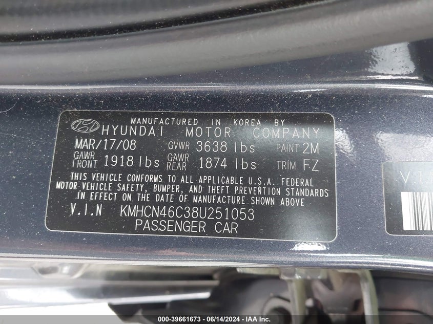 2008 Hyundai Accent Gls VIN: KMHCN46C38U251053 Lot: 39661673