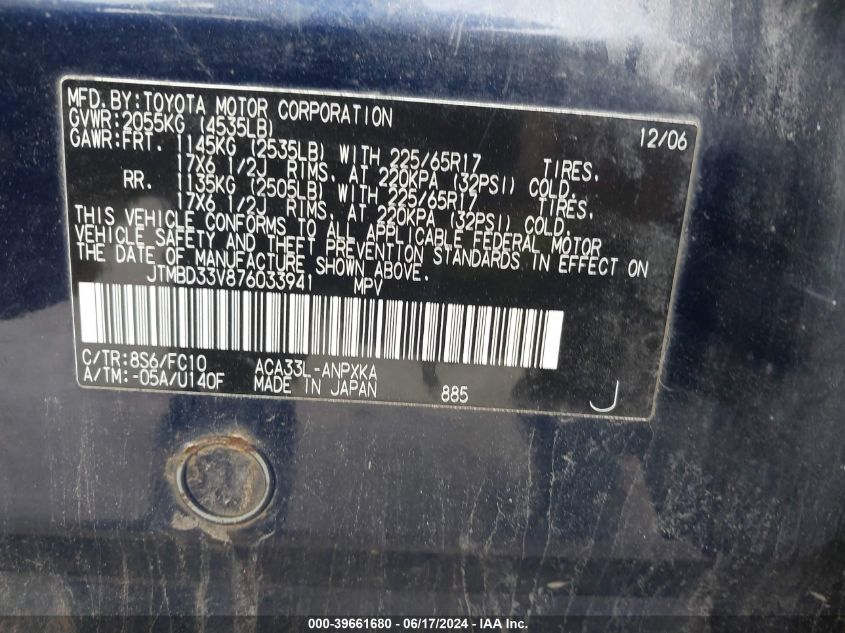 2007 Toyota Rav4 VIN: JTMBD33V876033941 Lot: 39661680