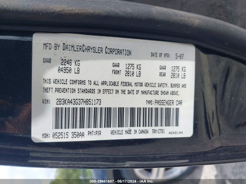 2007 Dodge Charger VIN: 2B3KA43G37H851173 Lot: 39661687