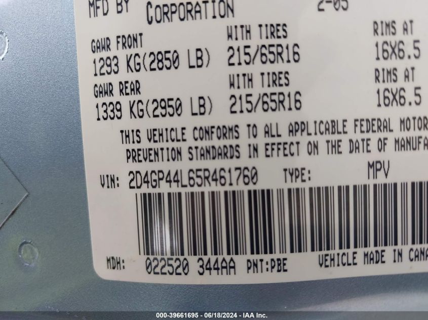 2005 Dodge Grand Caravan Sxt VIN: 2D4GP44L65R461760 Lot: 39661695