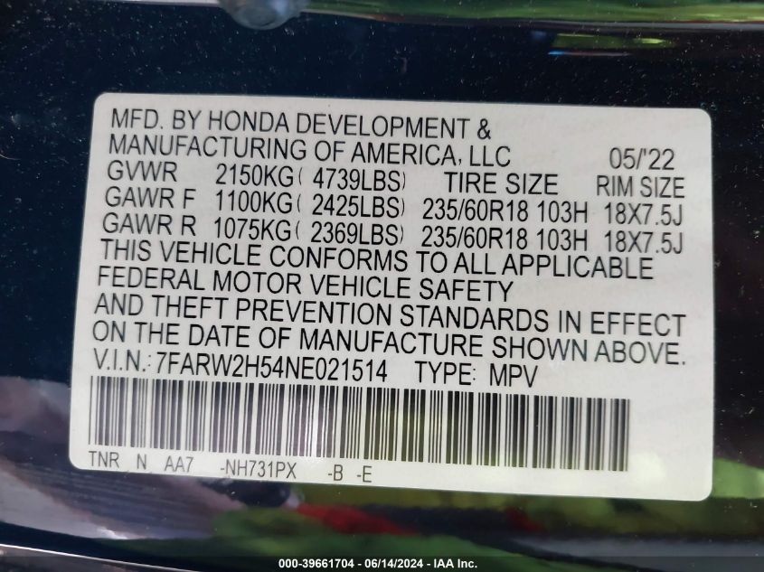 2022 Honda Cr-V Awd Ex VIN: 7FARW2H54NE021514 Lot: 39661704