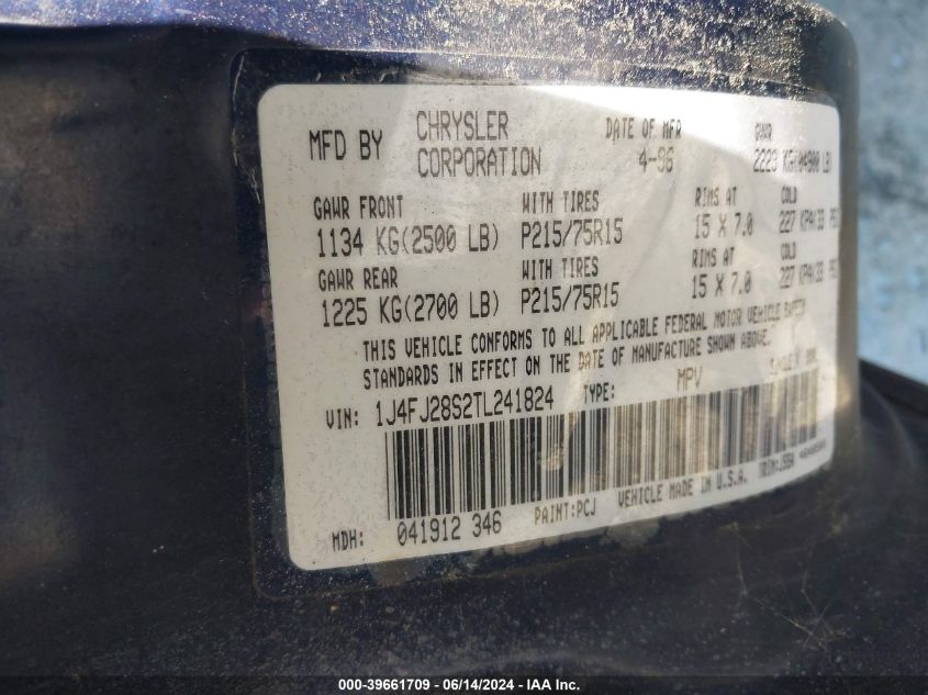 1996 Jeep Cherokee Se VIN: 1J4FJ28S2TL241824 Lot: 39661709