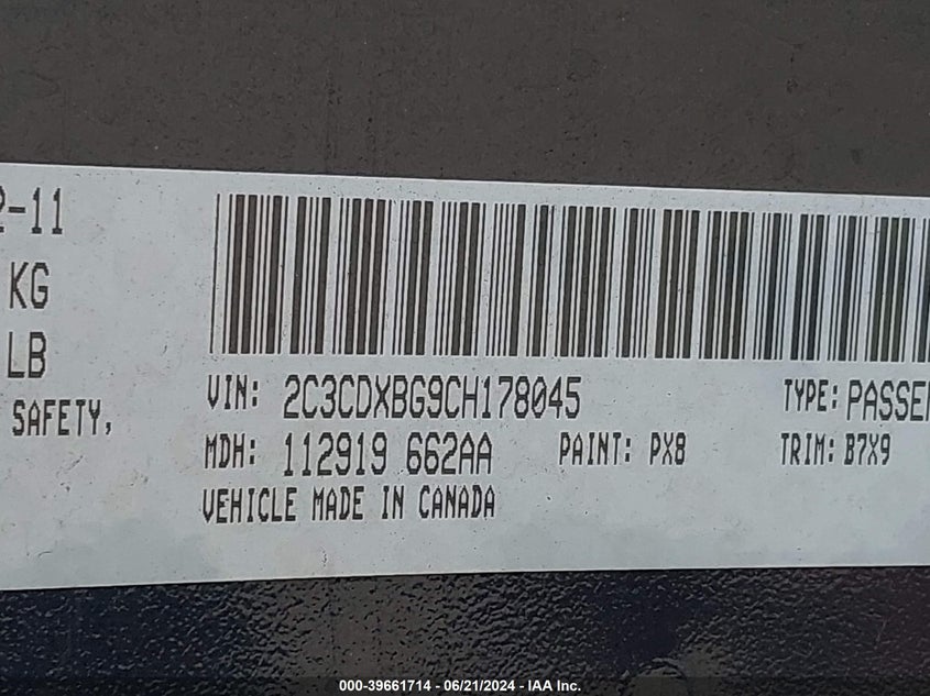2012 Dodge Charger Se VIN: 2C3CDXBG9CH178045 Lot: 39661714