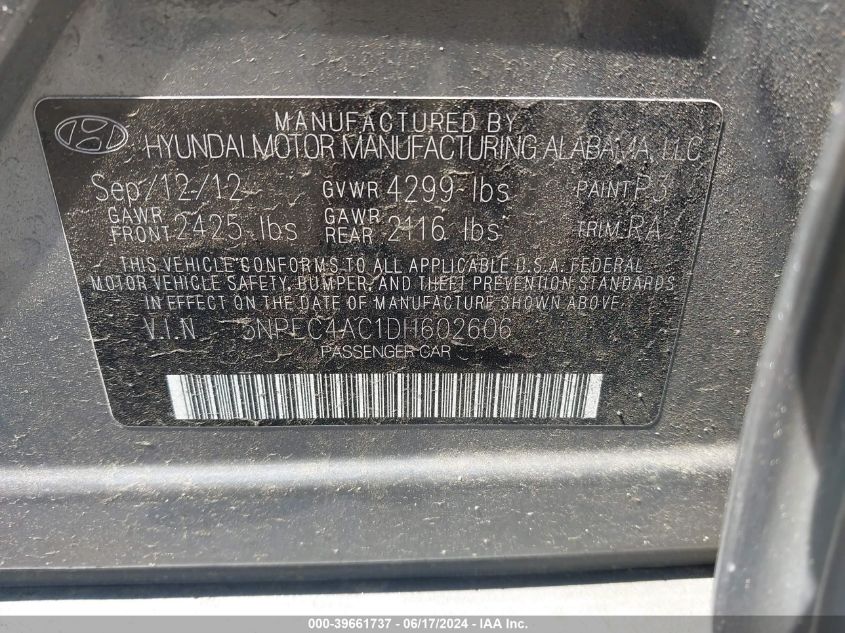 2013 Hyundai Sonata Se VIN: 5NPEC4AC1DH602606 Lot: 39661737