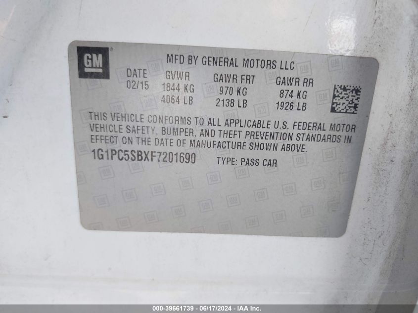 2015 Chevrolet Cruze 1Lt Auto VIN: 1G1PC5SBXF7201690 Lot: 39661739
