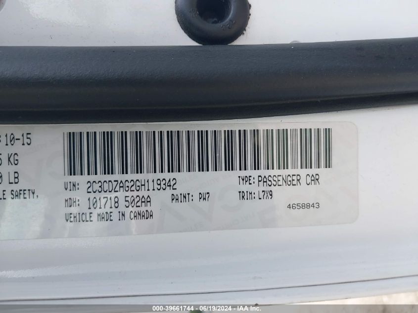 2016 Dodge Challenger Sxt VIN: 2C3CDZAG2GH119342 Lot: 39661744