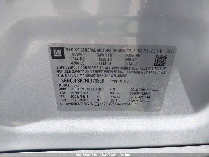 2017 CHEVROLET TRAX LT - 3GNCJLSB7HL179296