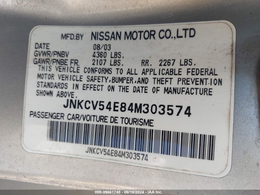 2004 Infiniti G35 VIN: JNKCV54E84M303574 Lot: 39661748