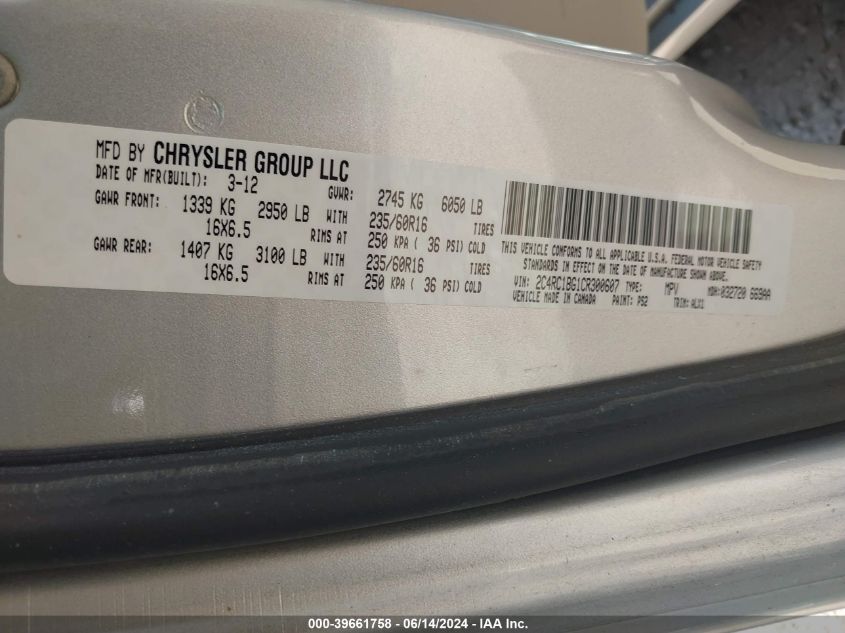 2012 Chrysler Town & Country Touring VIN: 2C4RC1BG1CR300607 Lot: 39661758