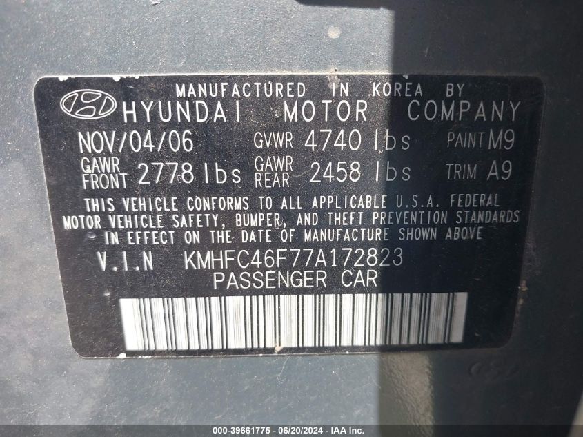 2007 Hyundai Azera Limited/Se VIN: KMHFC46F77A172823 Lot: 39661775