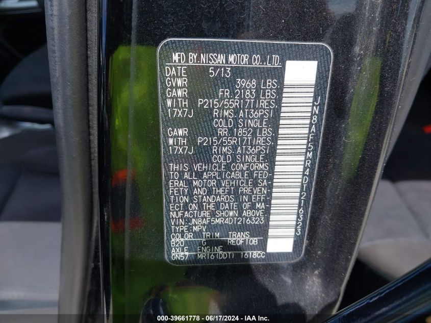 2013 Nissan Juke Sv VIN: JN8AF5MR4DT216323 Lot: 39661778