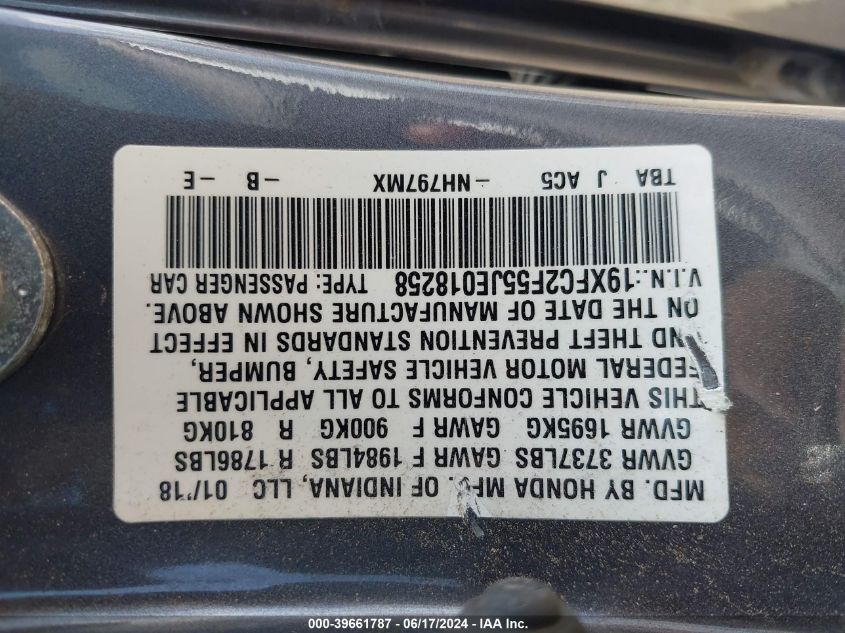 2018 Honda Civic Lx VIN: 19XFC2F55JE018258 Lot: 39661787
