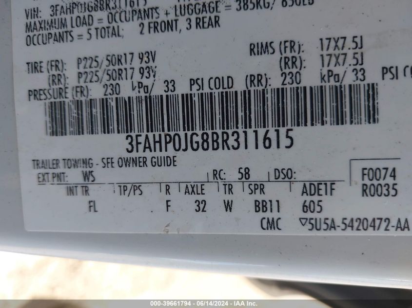 2011 Ford Fusion Sel VIN: 3FAHP0JG8BR311615 Lot: 39661794