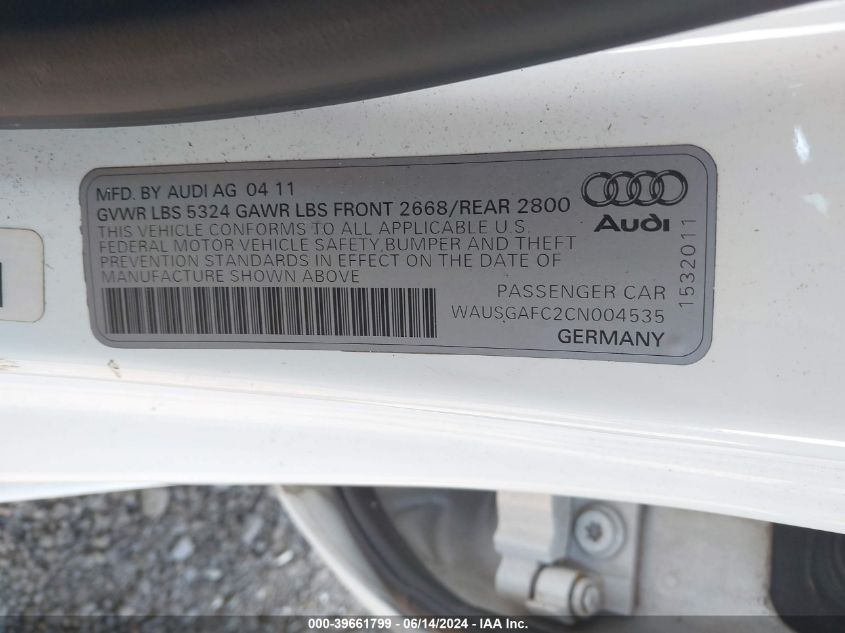 2012 Audi A7 Premium VIN: WAUSGAFC2CN004535 Lot: 39661799