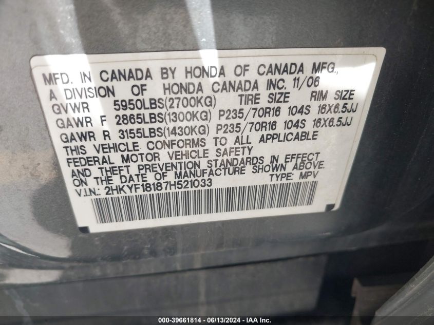 2007 Honda Pilot Lx VIN: 2HKYF18187H521033 Lot: 39661814