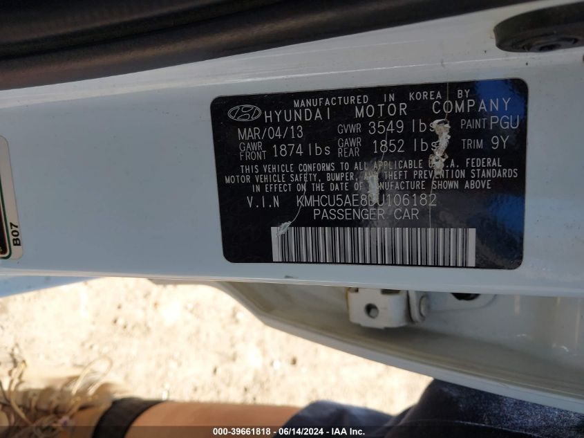 2013 Hyundai Accent Se VIN: KMHCU5AE8DU106182 Lot: 39661818