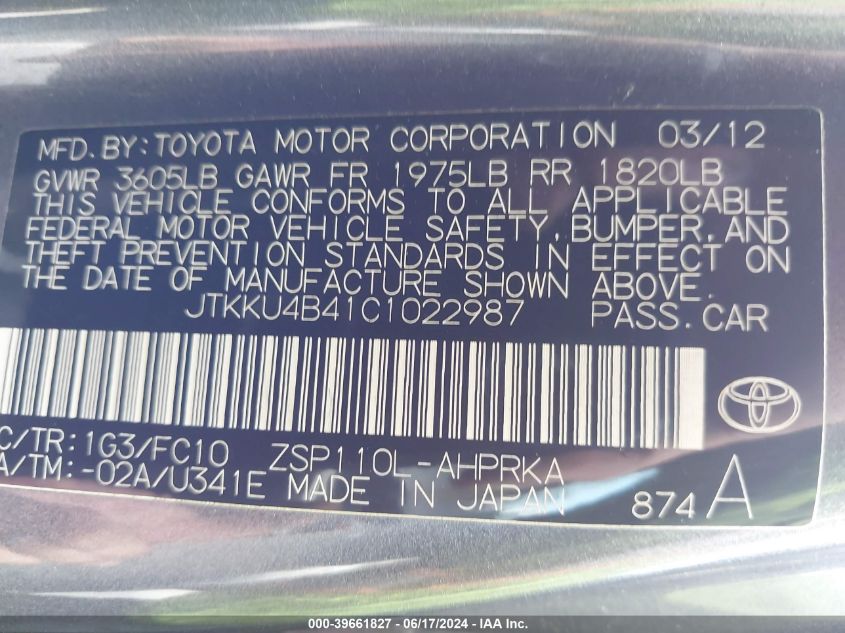 2012 Scion Xd VIN: JTKKU4B41C1022987 Lot: 39661827