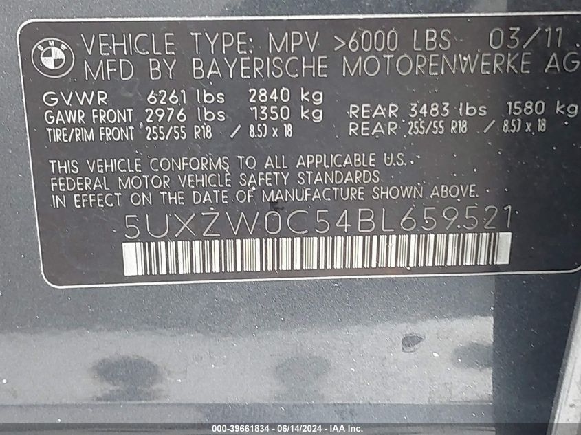 2011 BMW X5 xDrive35D VIN: 5UXZW0C54BL659521 Lot: 39661834