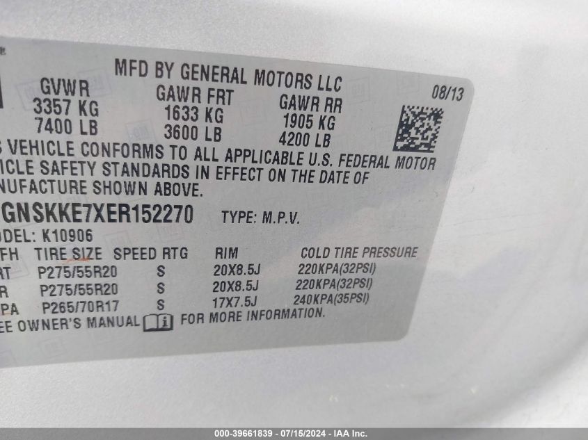 2014 Chevrolet Suburban 1500 Ltz VIN: 1GNSKKE7XER152270 Lot: 39661839