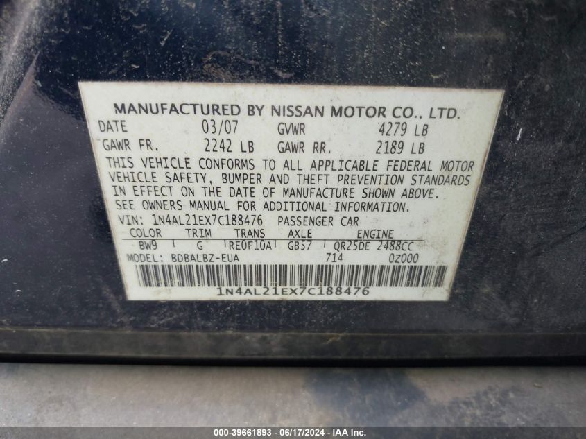 1N4AL21EX7C188476 2007 Nissan Altima 2.5 S