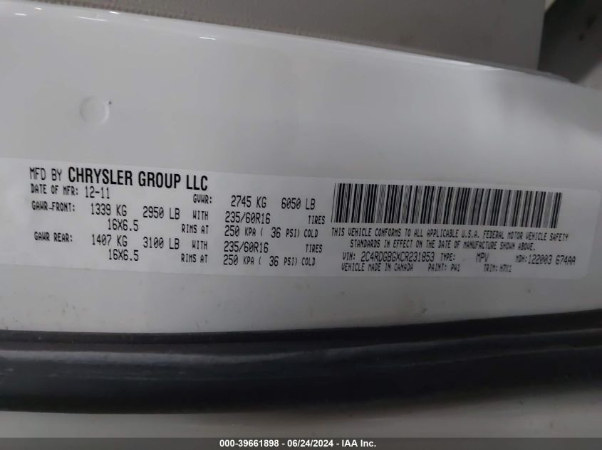 2012 Dodge Grand Caravan Se/Avp VIN: 2C4RDGBGXCR231853 Lot: 39661898