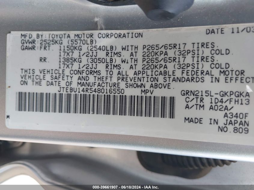 2004 Toyota 4Runner Sr5 Sport V6 VIN: JTEBU14R548016550 Lot: 39661907