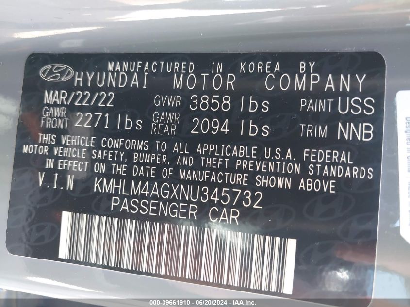 KMHLM4AGXNU345732 2022 Hyundai Elantra Sel