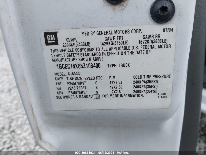 2005 Chevrolet Silverado 1500 Work Truck VIN: 1GCEC14X85Z103406 Lot: 39661931