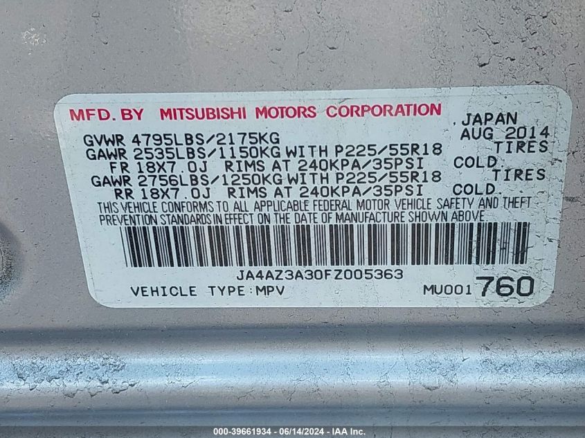 2015 Mitsubishi Outlander Se VIN: JA4AZ3A30FZ005363 Lot: 39661934