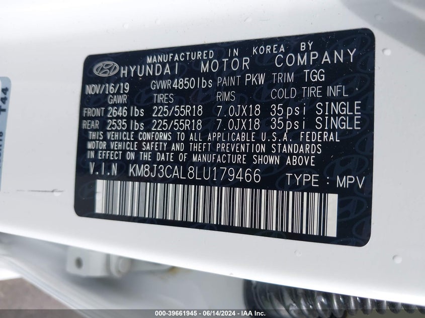 VIN KM8J3CAL8LU179466 2020 HYUNDAI TUCSON SEL