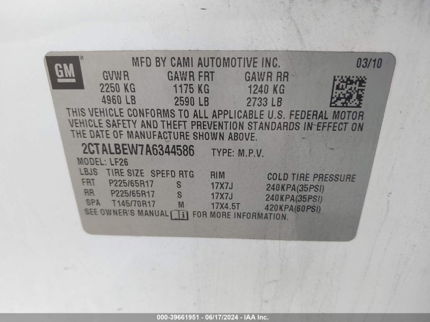 2010 GMC Terrain Sle-1 VIN: 2CTALBEW7A6344586 Lot: 39661951