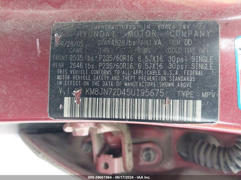 2005 Hyundai Tucson Gls/Lx VIN: KM8JN72D45U195675 Lot: 39661964